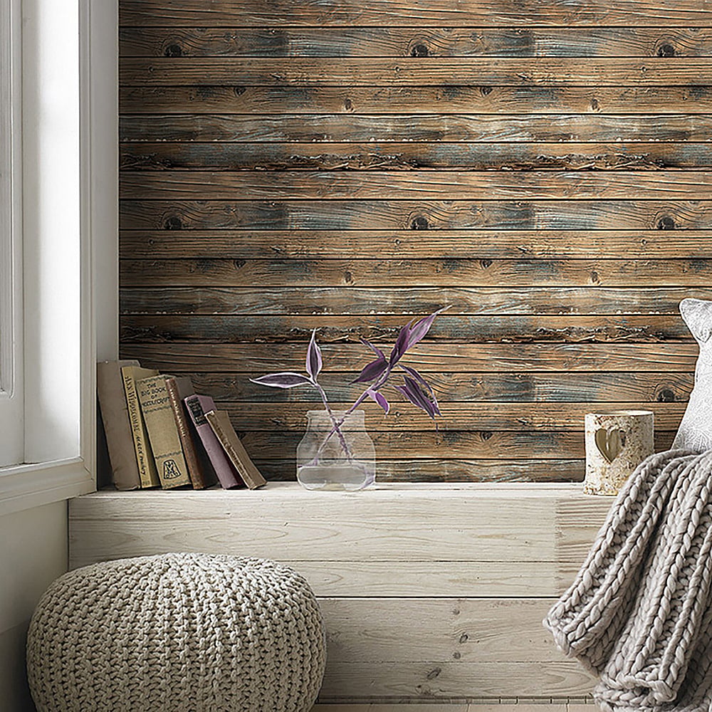 17.7'' x 236.2" Retro Simulation Wood Texture in Brown&Blue Peel and Stick Wallpaper window image