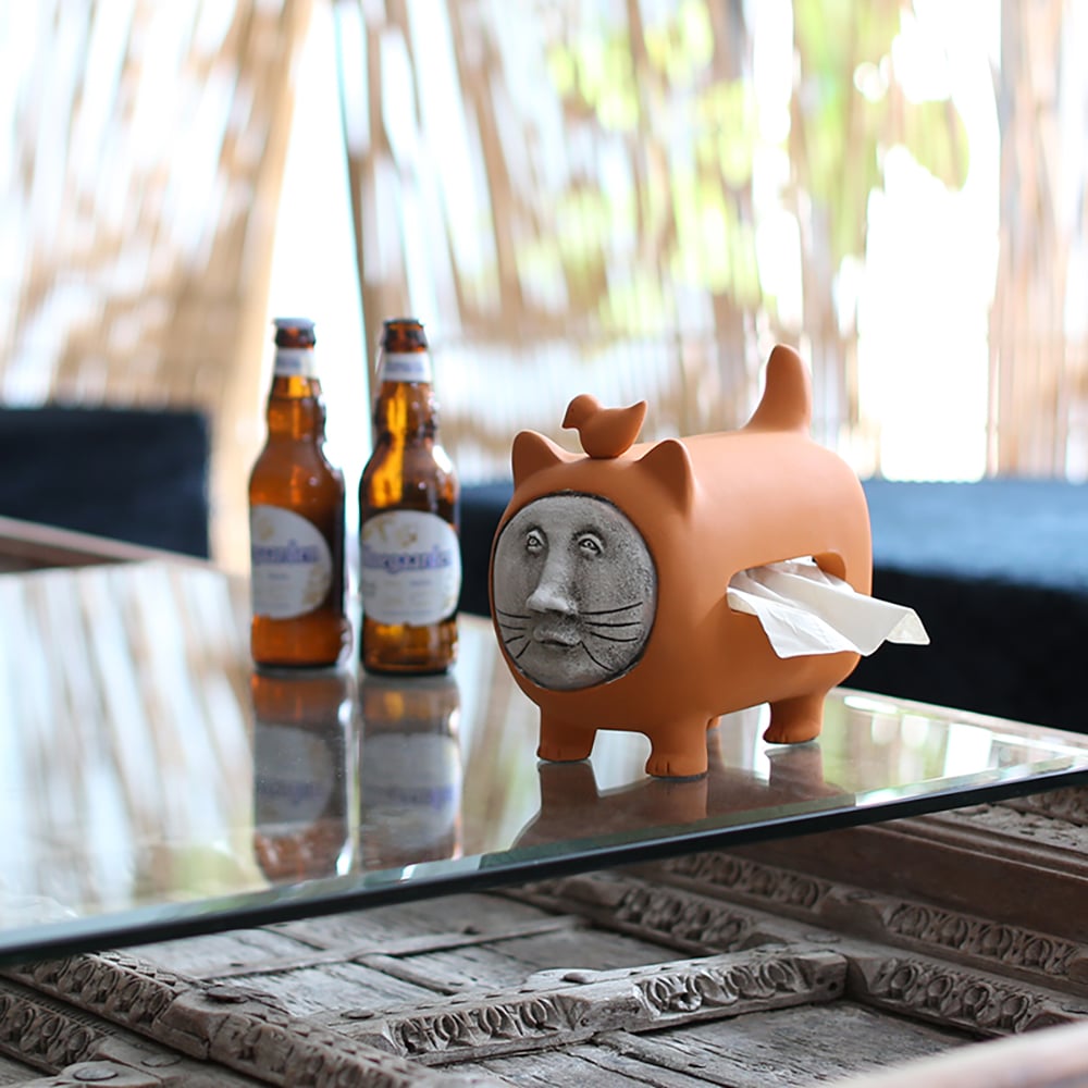 Adorable Cat Figurine Pull Out Tissue Box with Cover Back Opening window image