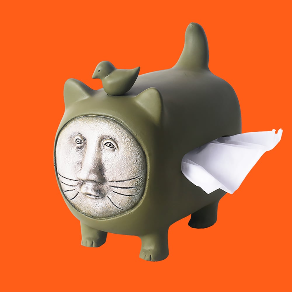 Adorable Cat Figurine Pull Out Tissue Box with Cover Back Opening window image