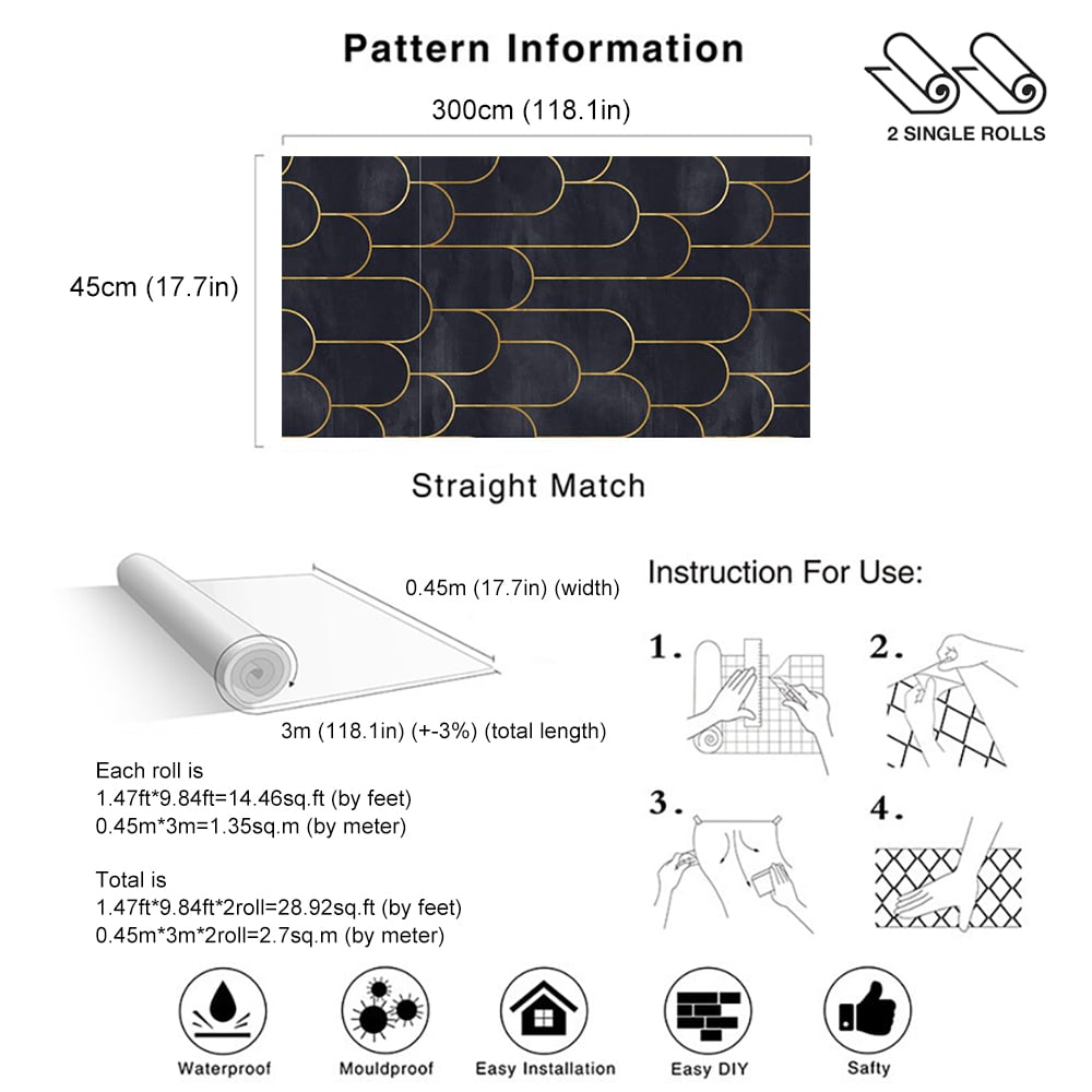 450mm x 3000mm Vintage Arch Line in Gold&Black Peel and Stick Wallpaper 2 Rolls window image