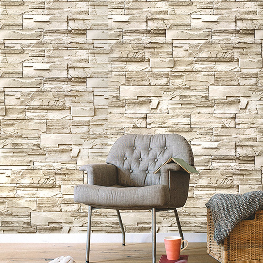 Industrail Brick Rock in Brownish Yellow 17.7″W x 19.6′L Peel and Stick Wallpaper window image