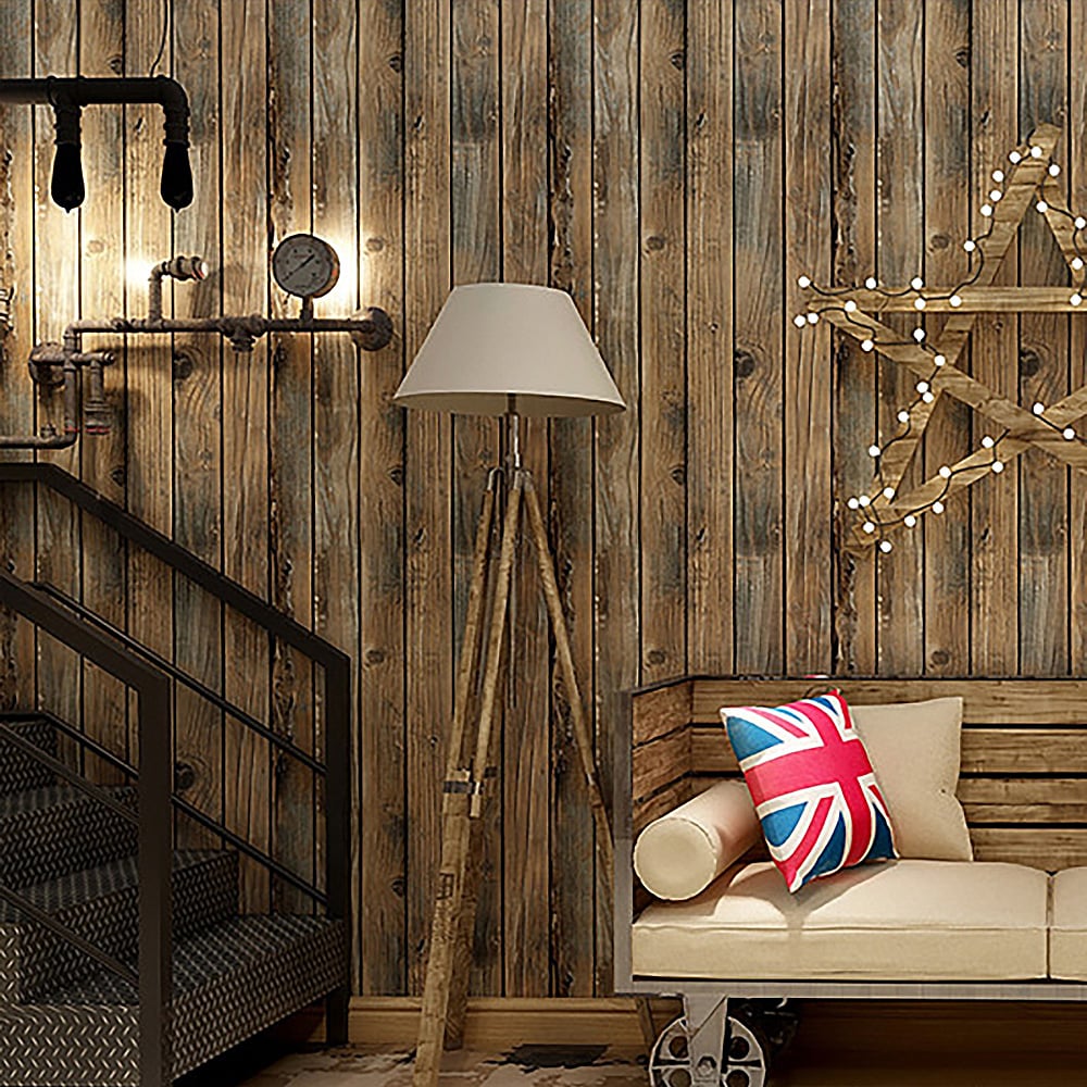 17.7'' x 236.2" Retro Simulation Wood Texture in Brown&Blue Peel and Stick Wallpaper window image