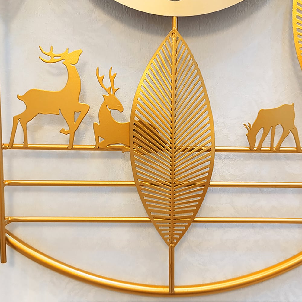 Metal Golden Leaves Oversized Wall Clock with Forest Art Design window image