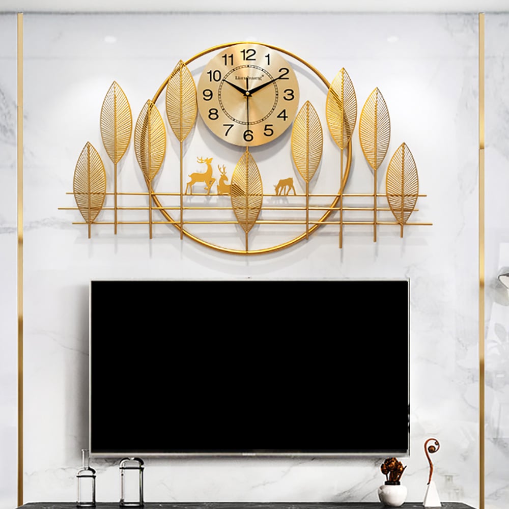 Metal Golden Leaves Oversized Wall Clock with Forest Art Design window image