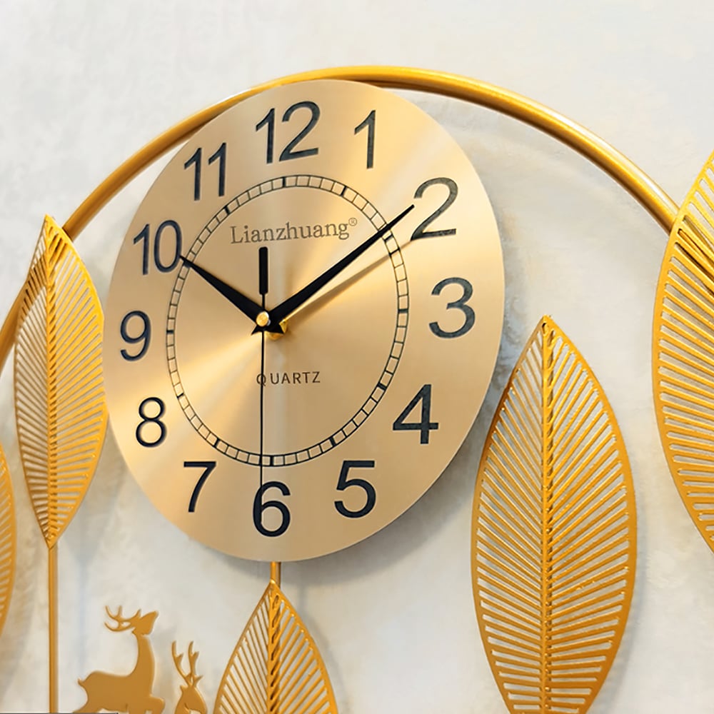 Metal Golden Leaves Oversized Wall Clock with Forest Art Design window image