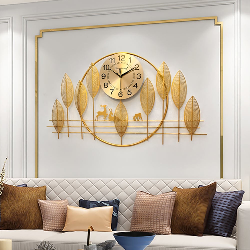 Metal Golden Leaves Oversized Wall Clock with Forest Art Design window image