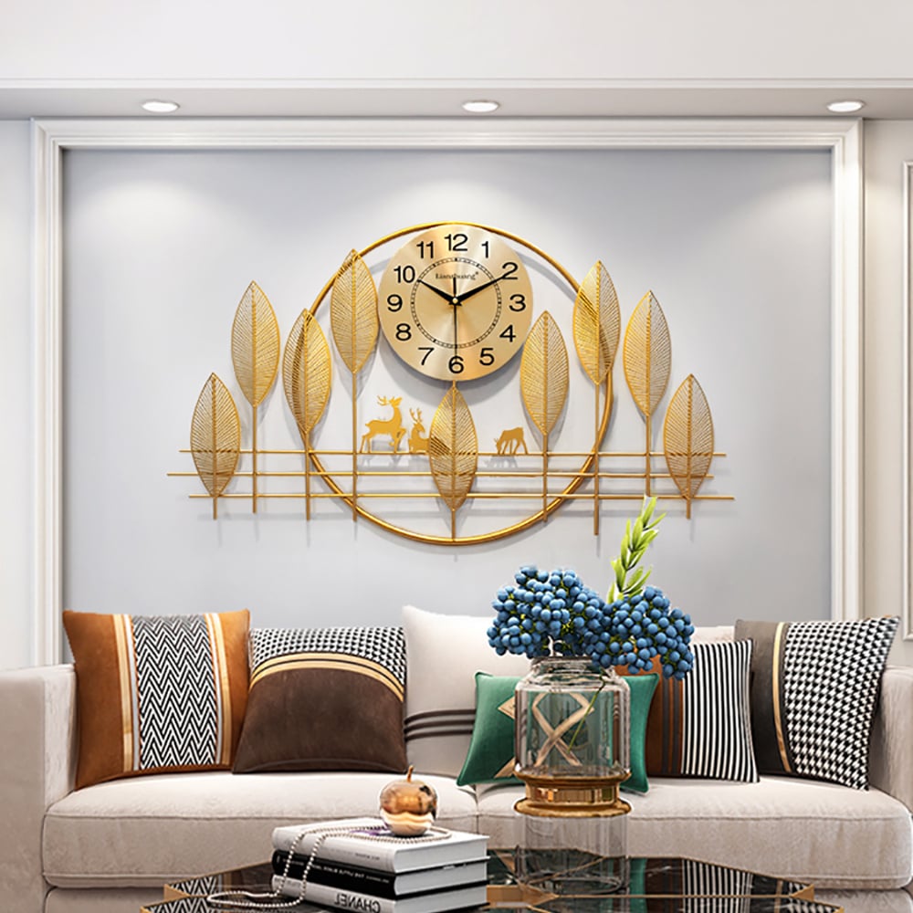 Metal Golden Leaves Oversized Wall Clock with Forest Art Design window image