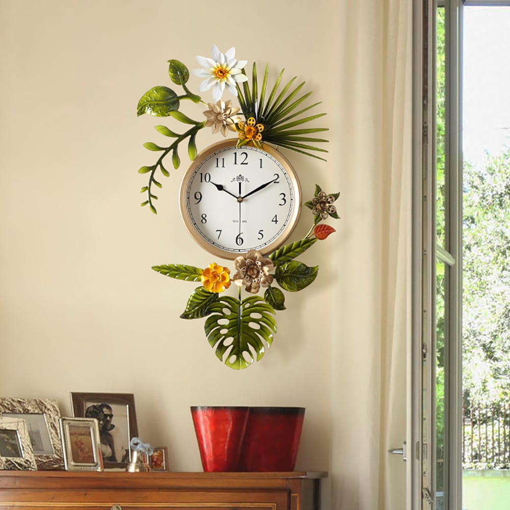 3D Flower Leaves Large Wall Clock Artistic Home Decor window image