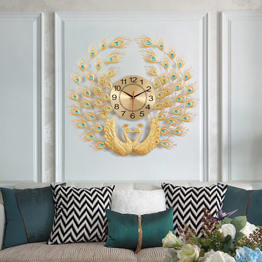 European Noble Luxurious Peacock Oversized Wall Clock Home Decor window image