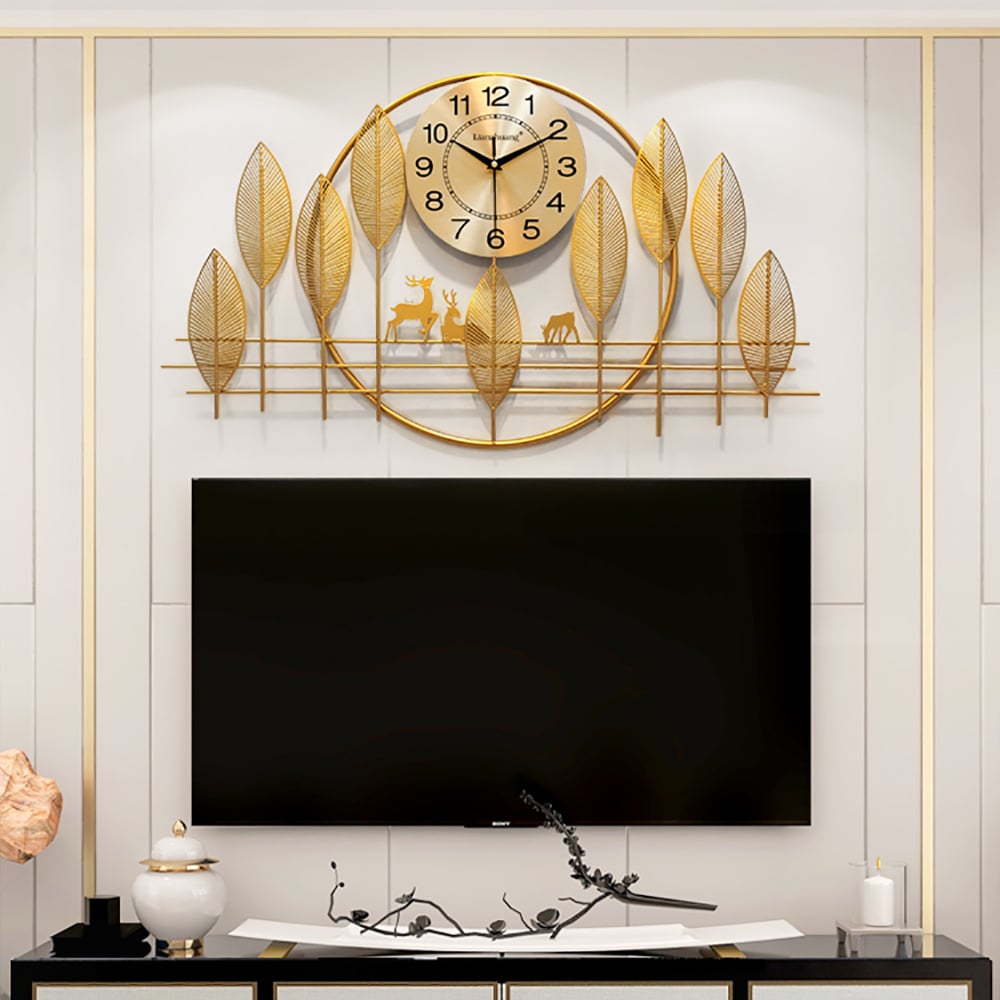 Metal Golden Leaves Oversized Wall Clock with Forest Art Design window image