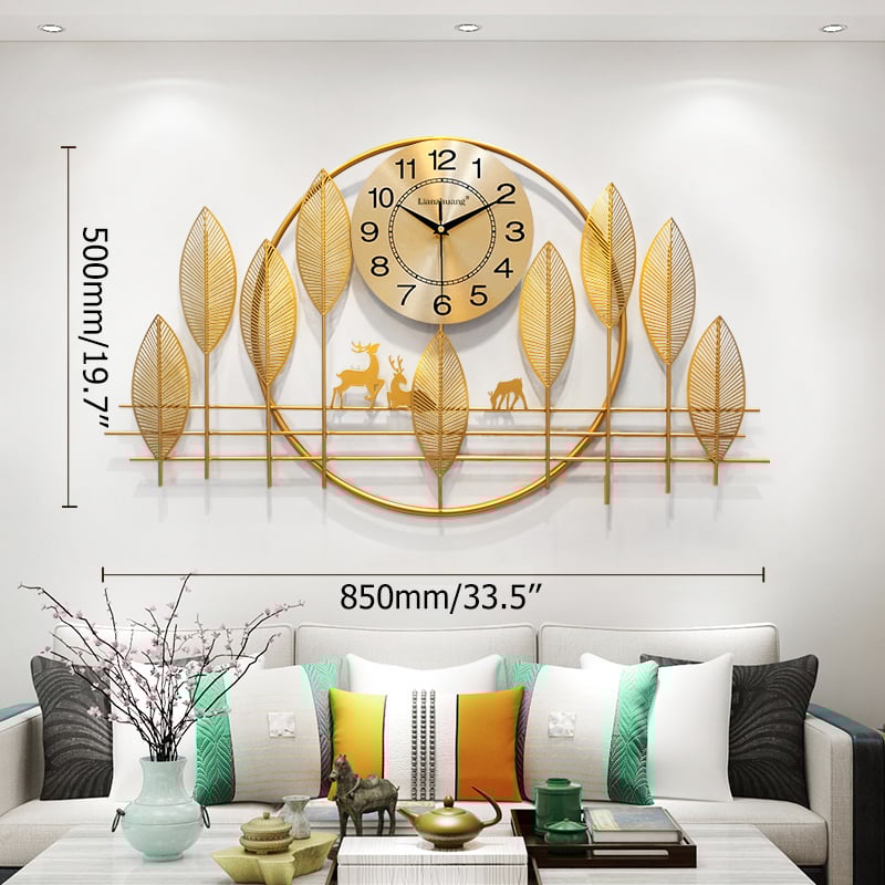 Metal Golden Leaves Oversized Wall Clock with Forest Art Design window image