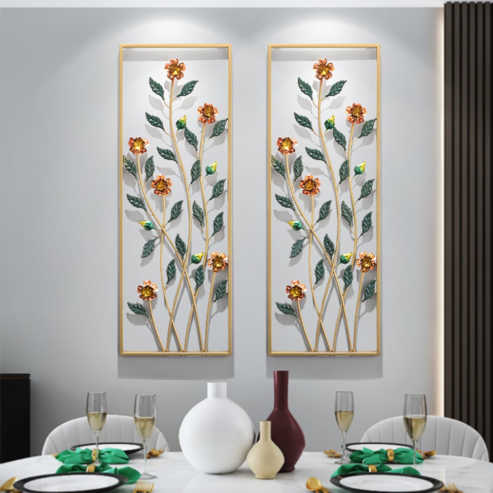 2Pcs/Set Pastoral Style 3D Metal Floral Wall Decor with Golden Rectangular Frame window image