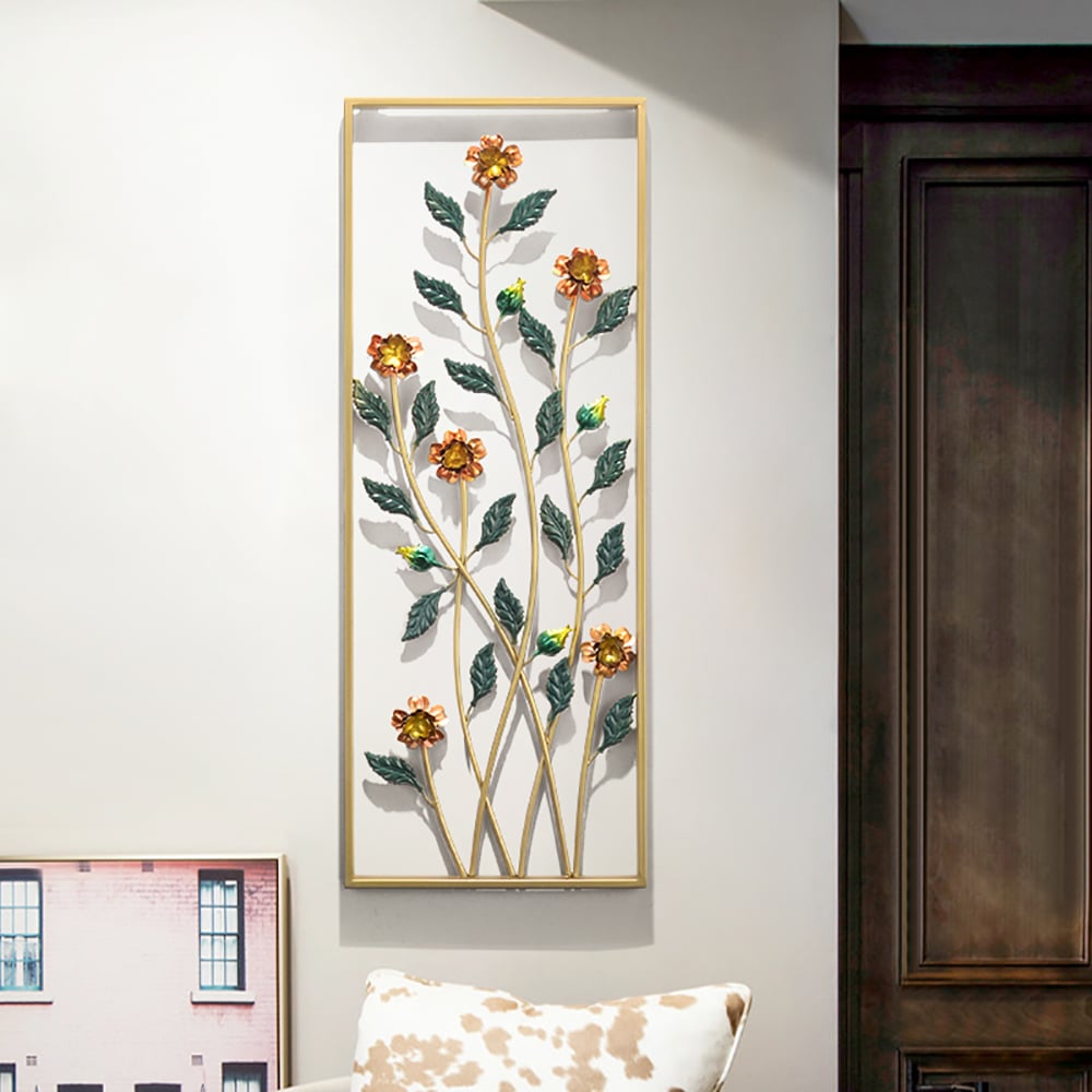 2Pcs/Set Pastoral Style 3D Metal Floral Wall Decor with Golden Rectangular Frame window image