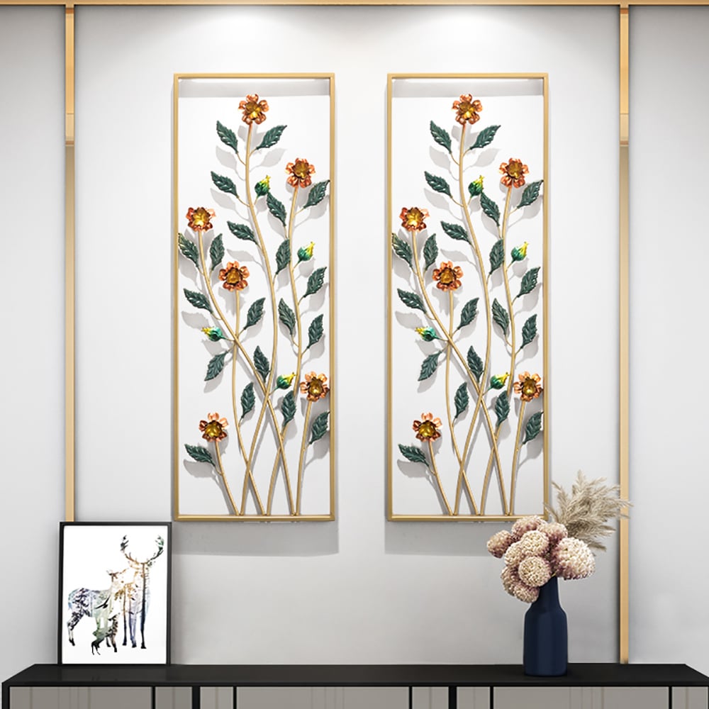 2Pcs/Set Pastoral Style 3D Metal Floral Wall Decor with Golden Rectangular Frame window image