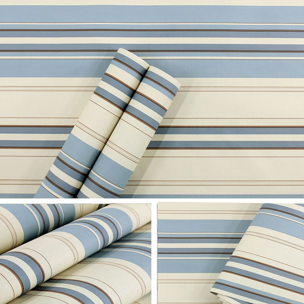 Modern Concise Lines Pattern in Blue&Beige 23.62″W x 19.6′L Peel and Stick Wallpaper window image