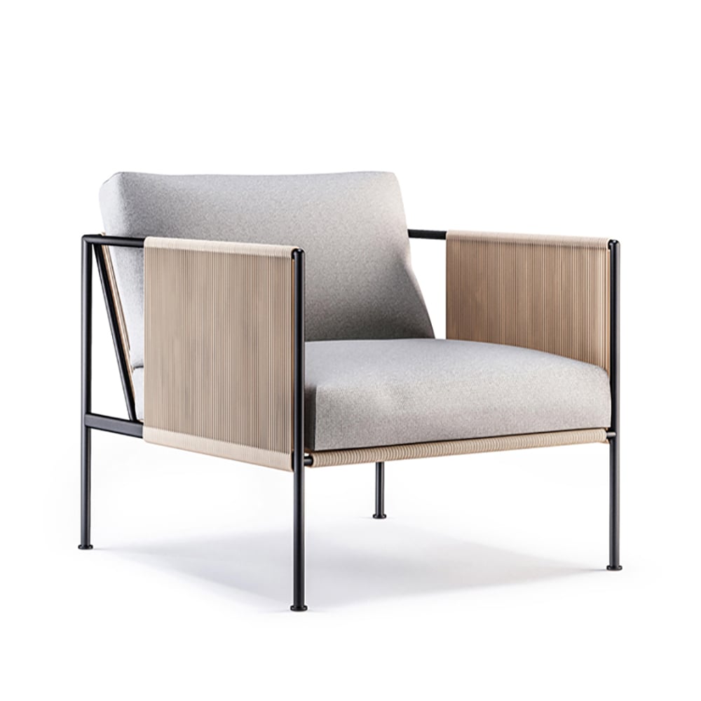 Natural Style Outdoor Accent Chair with Rattan Woven Square Arm and Cushion Back window image