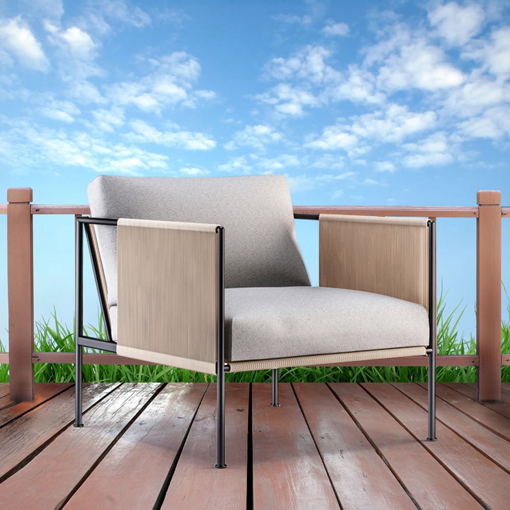 Natural Style Outdoor Accent Chair with Rattan Woven Square Arm and Cushion Back window image