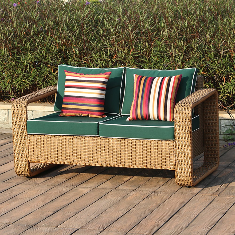 2-Seater Rattan Sofa Patio Loveseat with Green Cushions and Striped Pillow window image