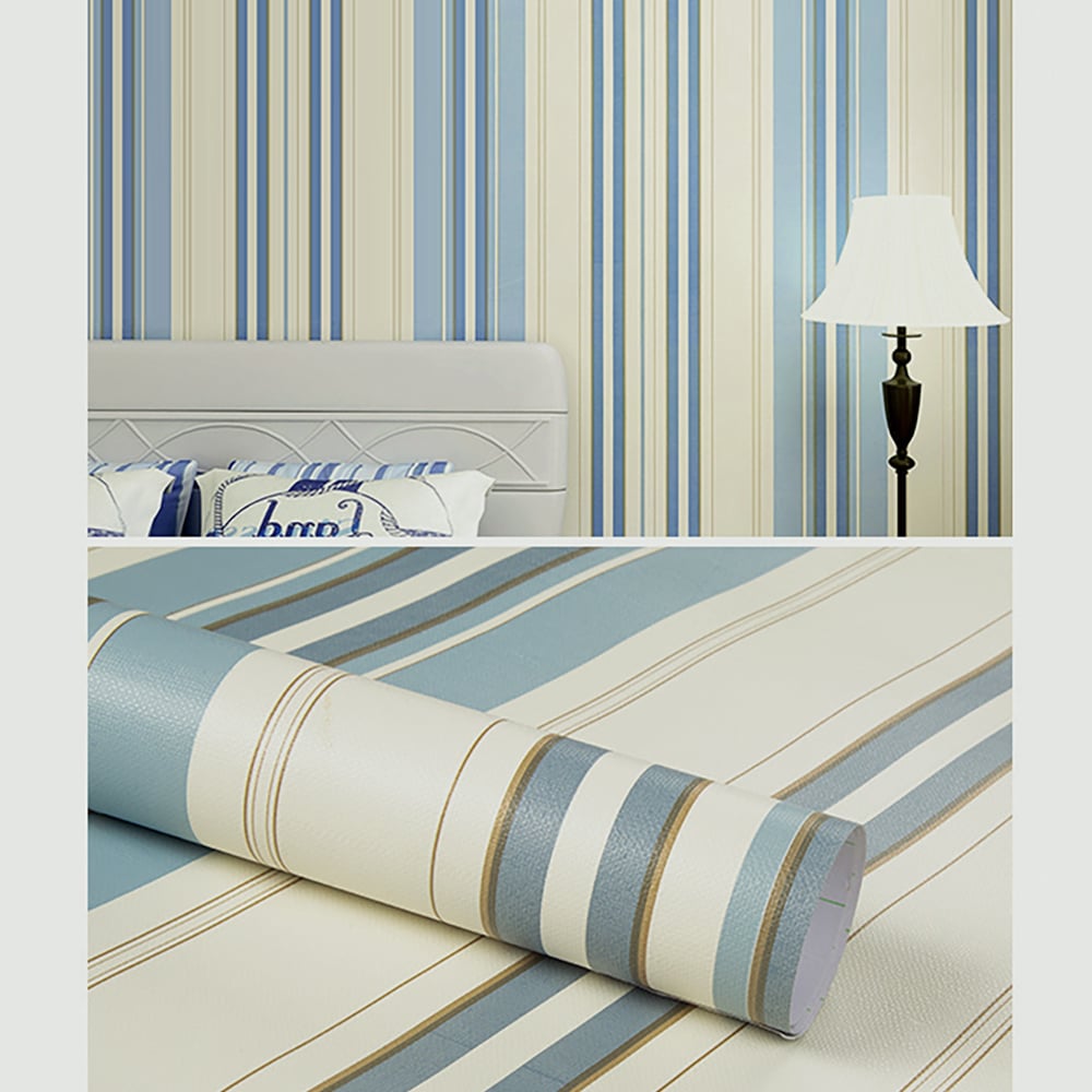 Modern Concise Lines Pattern in Blue&Beige 23.62″W x 19.6′L Peel and Stick Wallpaper window image