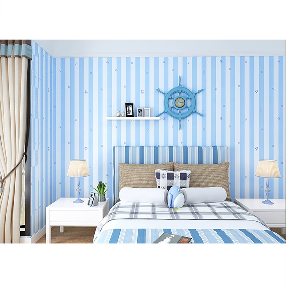 Modern Stripes Pattern in Blue&White 17.7″W x 32.81′L Peel and Stick Wallpaper window image