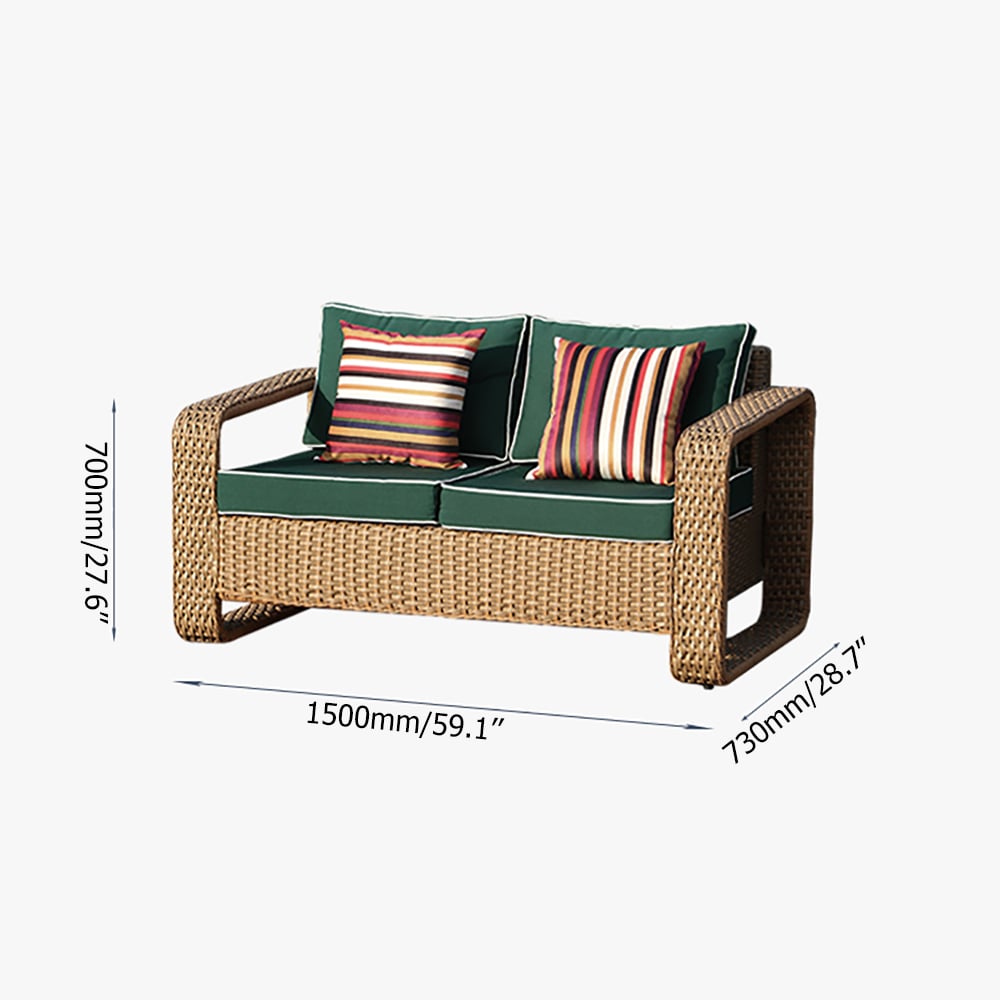 2-Seater Rattan Sofa Patio Loveseat with Green Cushions and Striped Pillow window image