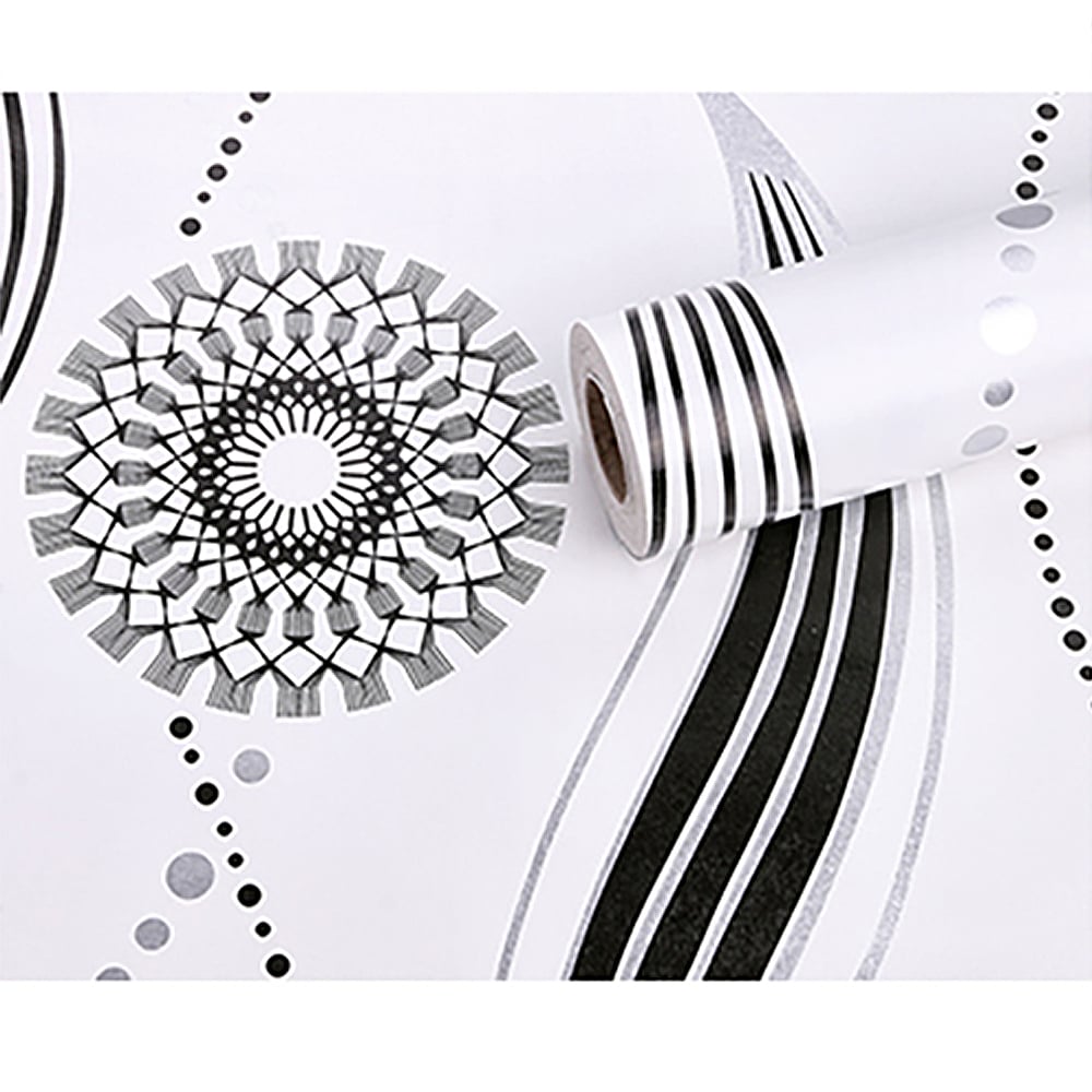 Modern Circle  Lines Pattern in Black&White 17.7″W x 32.81′L Peel and Stick Wallpaper window image