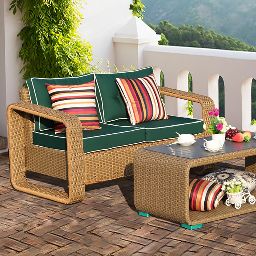 2-Seater Rattan Sofa Patio Loveseat with Green Cushions and Striped Pillow window image