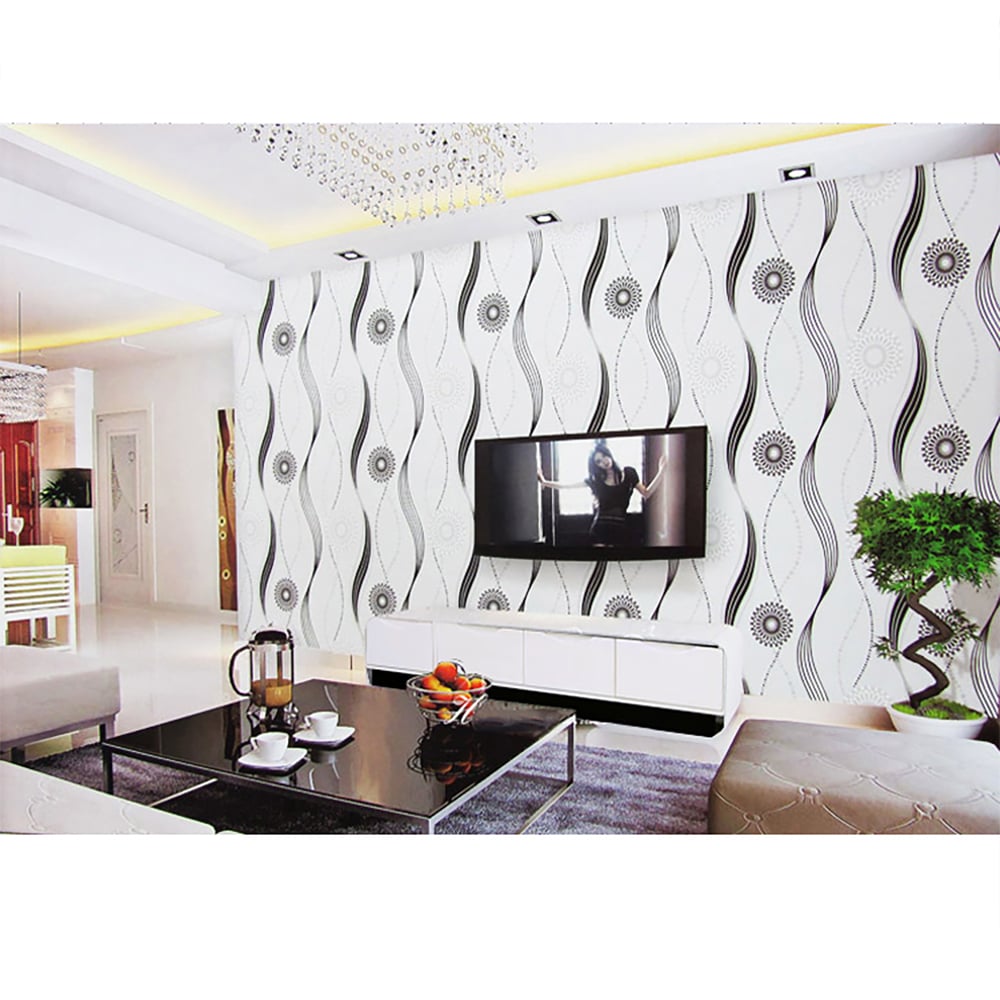 Modern Circle  Lines Pattern in Black&White 17.7″W x 32.81′L Peel and Stick Wallpaper window image
