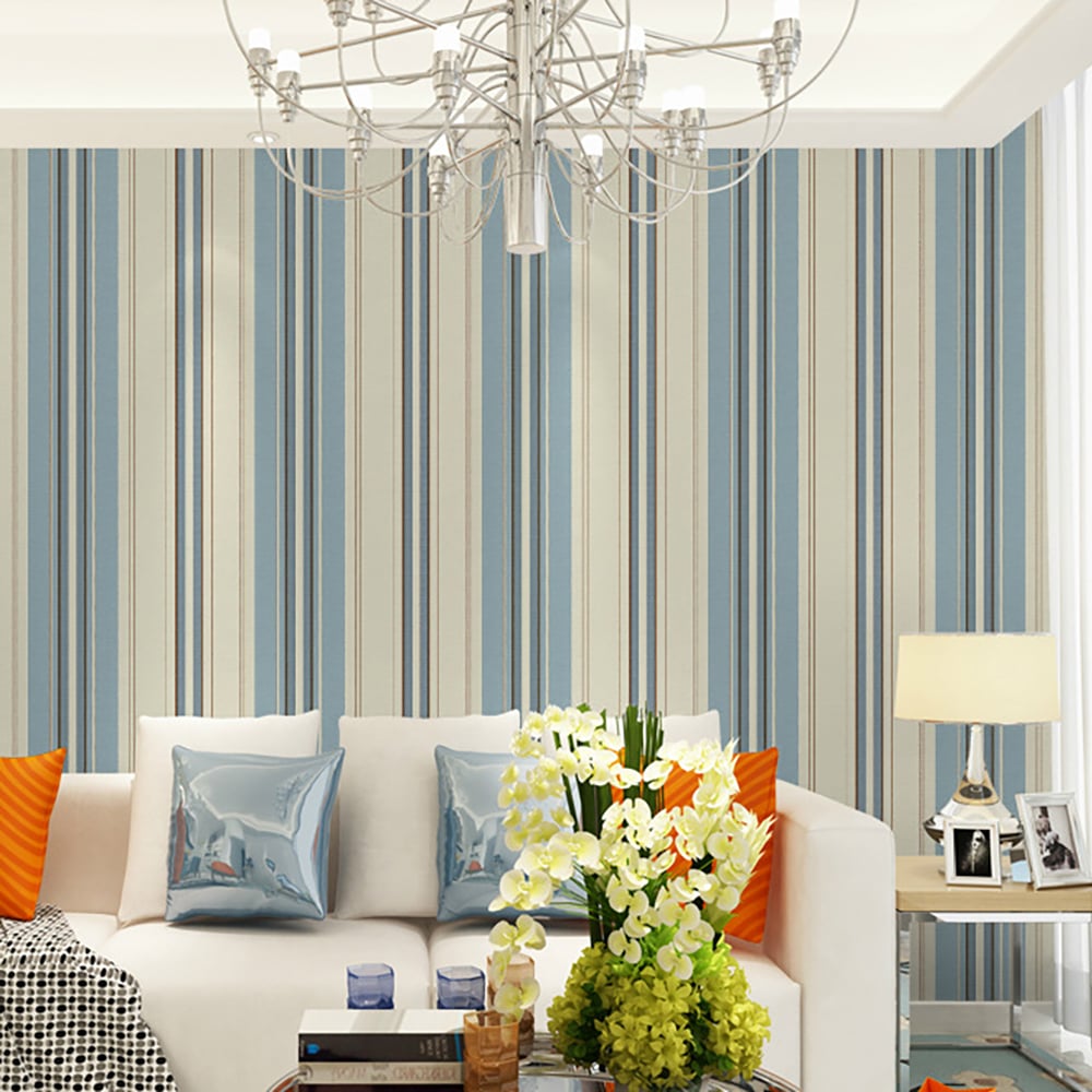 Modern Concise Lines Pattern in Blue&Beige 23.62″W x 19.6′L Peel and Stick Wallpaper window image