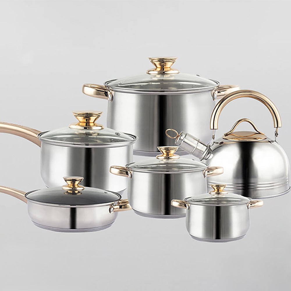 12 Pieces Stainless Steel Cookware Set With Gold Plated Handle Glass Lid window image