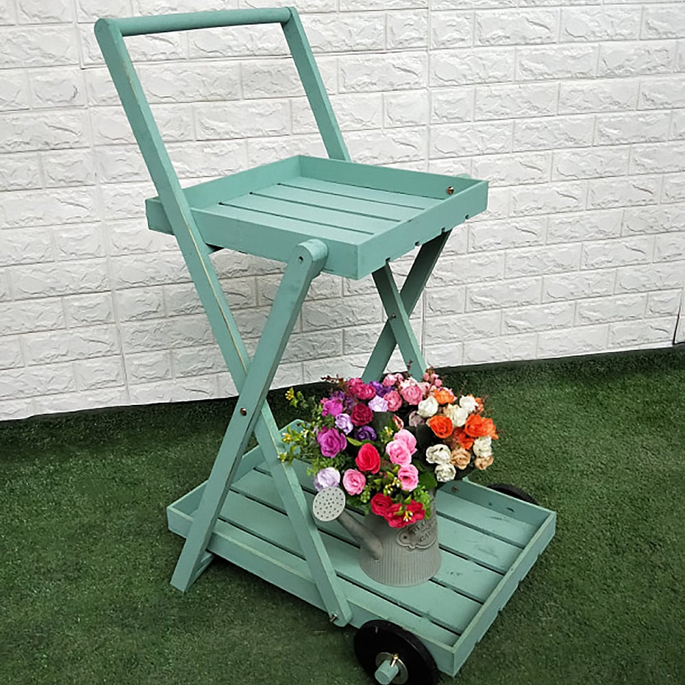 Garden Cart - Soporte para plantas (madera maciza), color azul Imagen de ventana