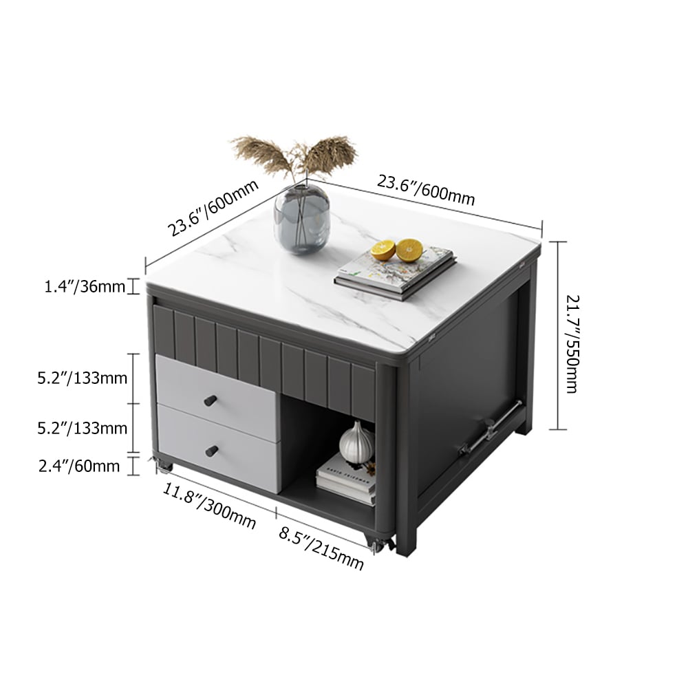 Moderne salontafel met liftblad en multifunctionele opbergtafel in wit en grijs Vensterafbeelding