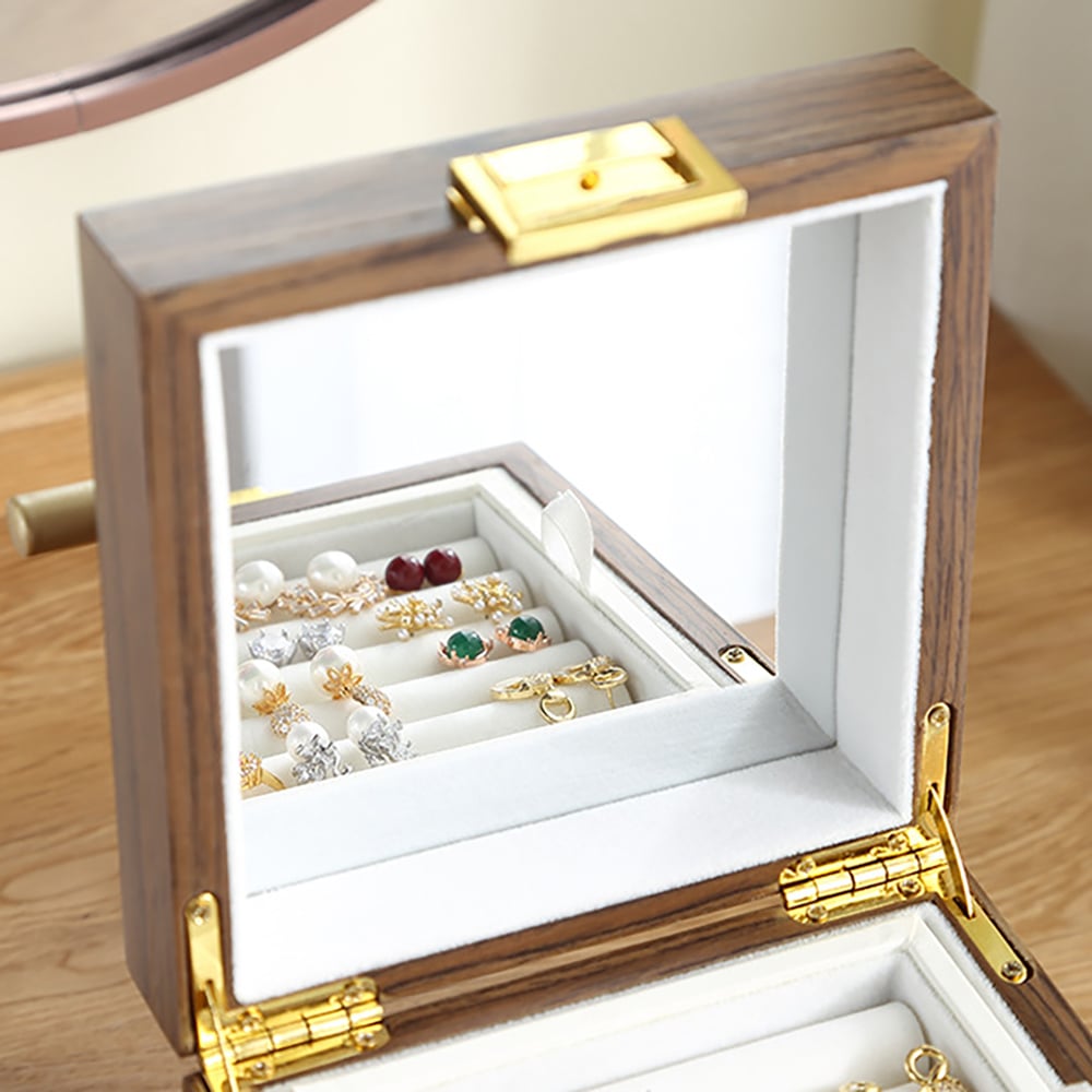 3-Tier Square Jewelry Box Lockable Jewelry Case with Handle&Mirror window image