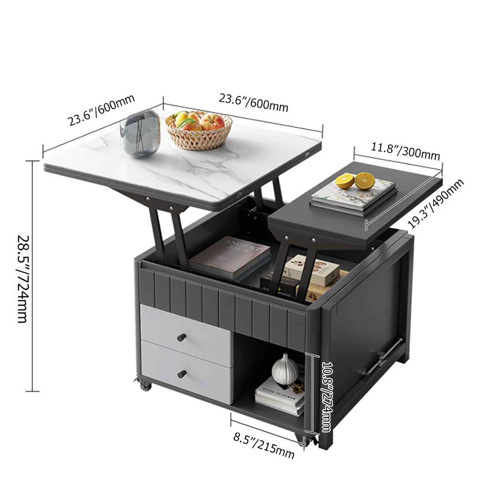 Moderne salontafel met liftblad en multifunctionele opbergtafel in wit en grijs Vensterafbeelding
