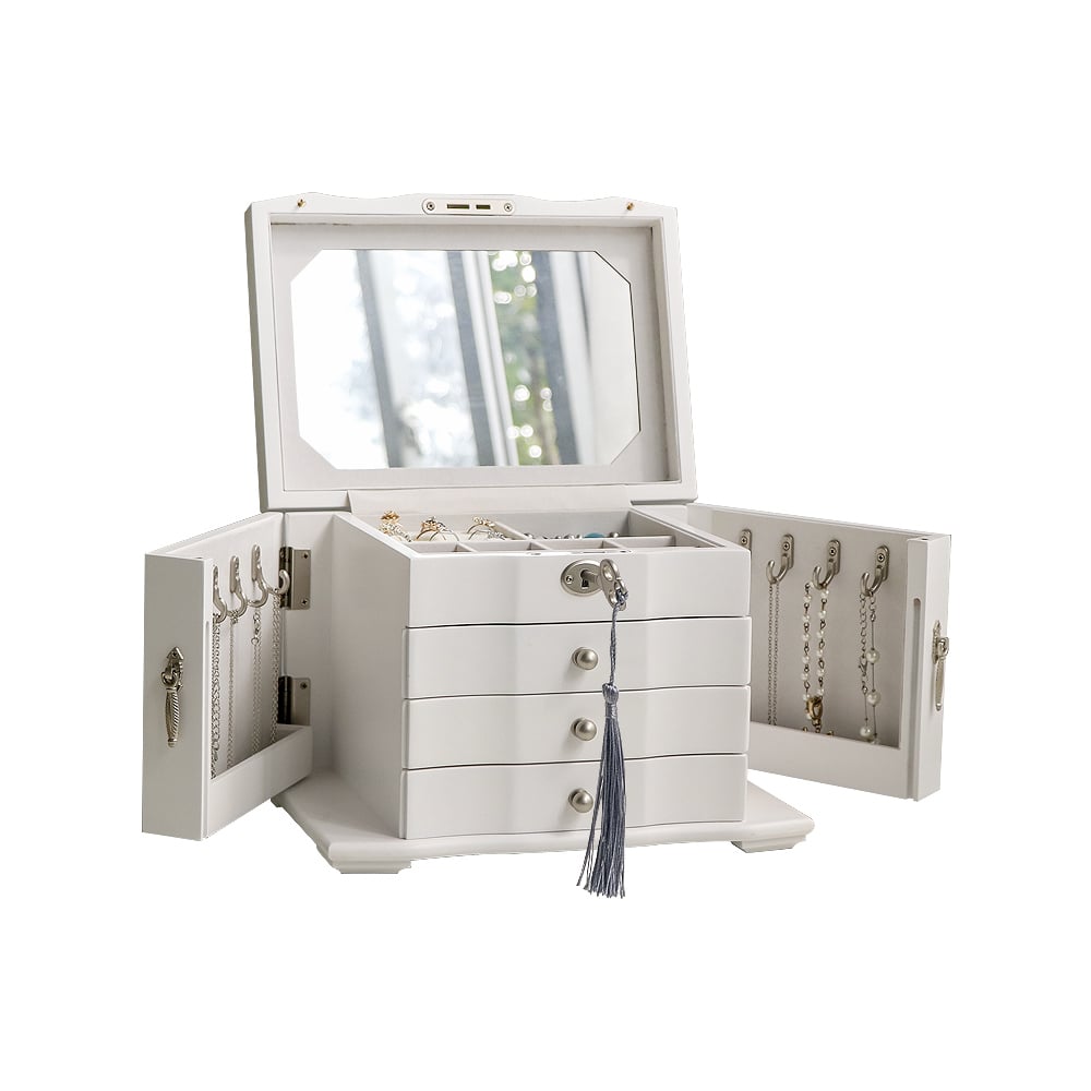 4-Tier Lockable Jewelry Box Storage Case with Drawers & Mirror window image