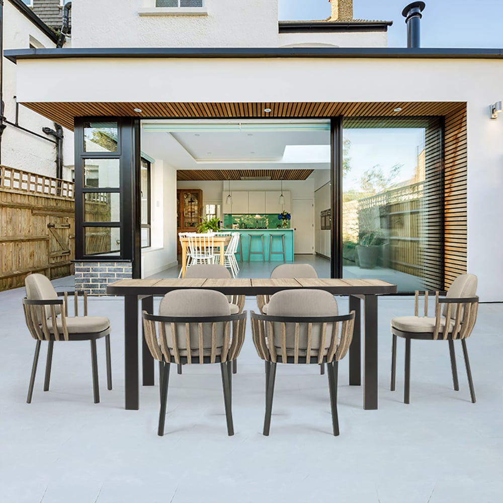 7-Pieces Outdoor Dining Set with Teak Wood Table and Armchairs Patio Dining Set window image