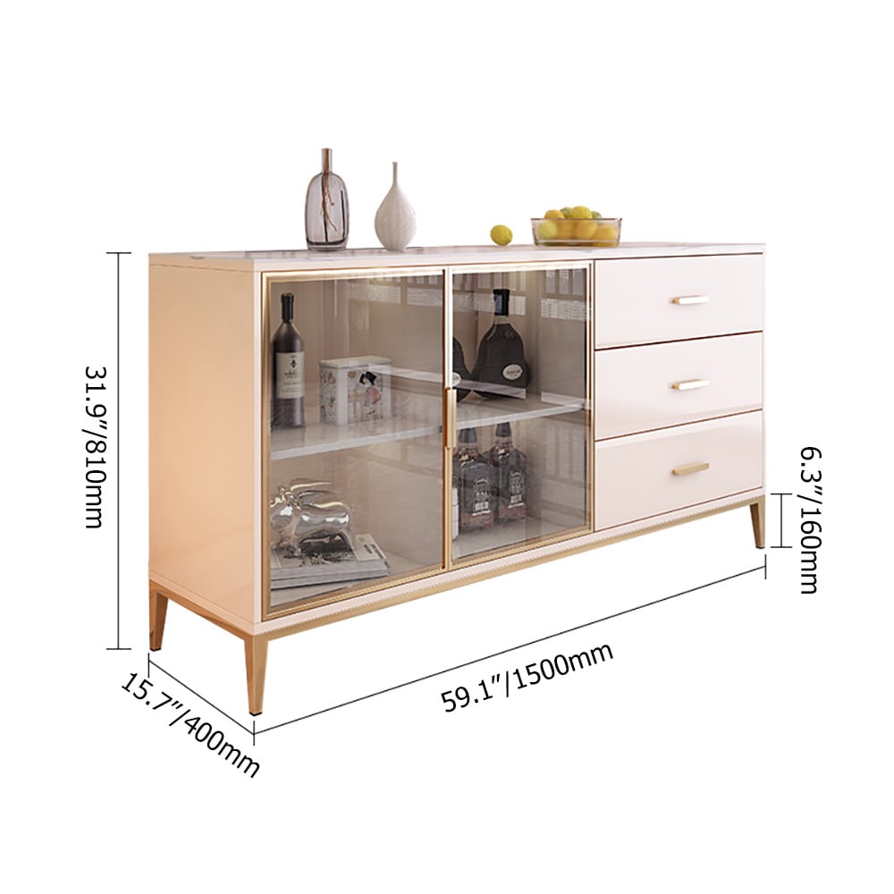 Modern Light Khaki Sideboard with Storage Sintered Stone Top Tempered Glass Doors window image