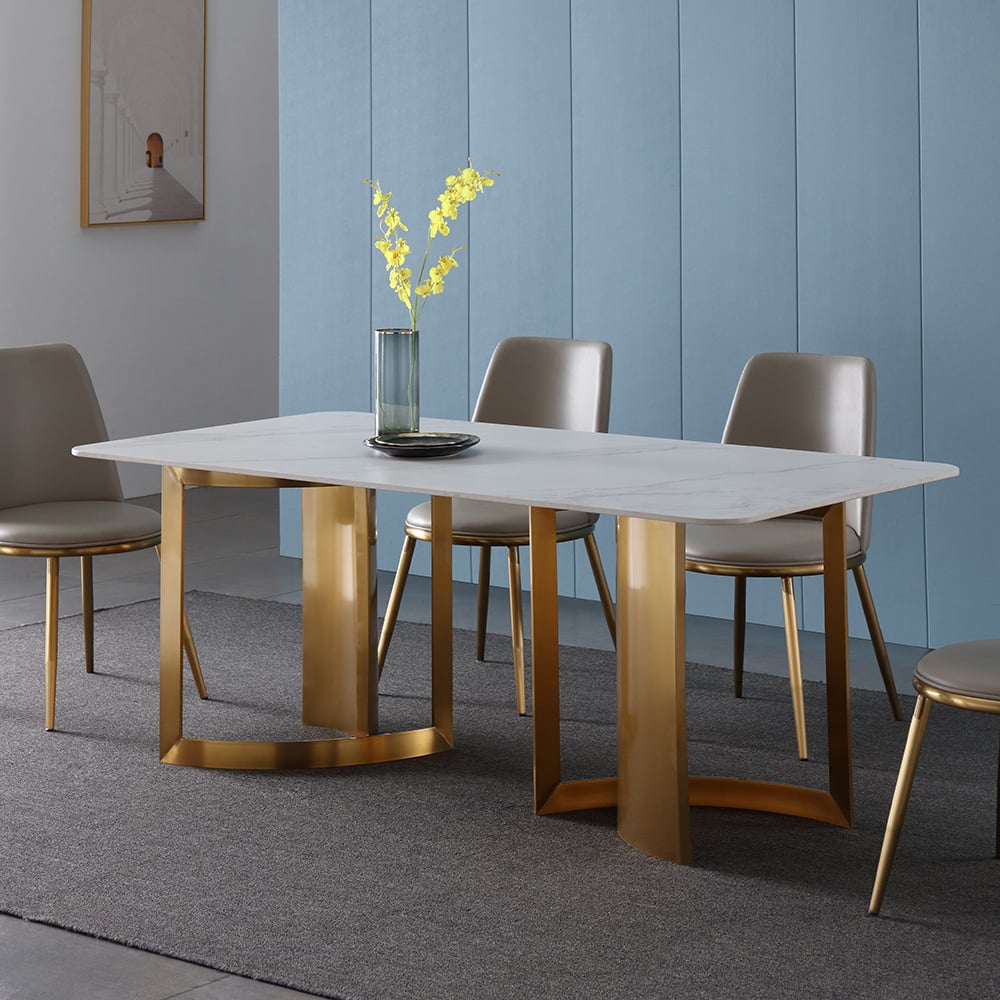 70.9" Modern Dining Table Rectangle Sintered Stone Top & Titanium Base window image