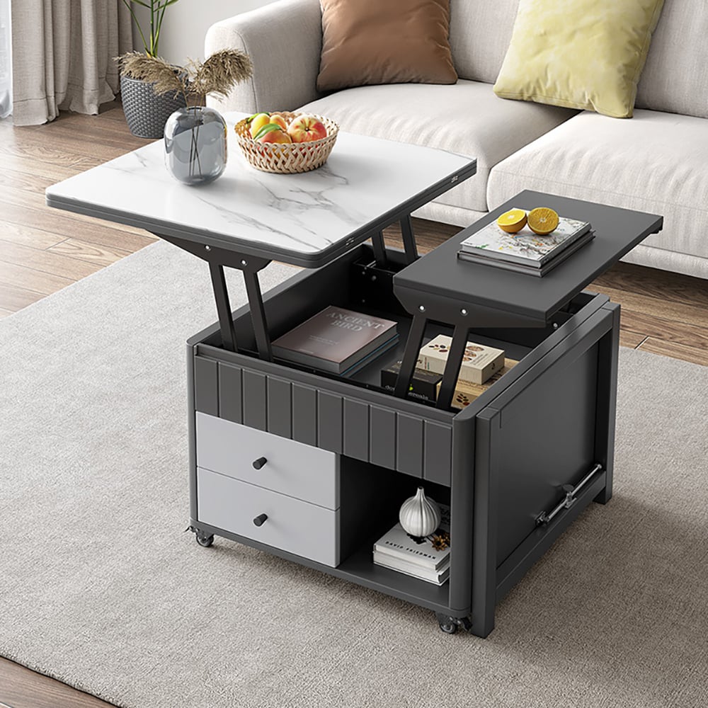 Moderne salontafel met liftblad en multifunctionele opbergtafel in wit en grijs Vensterafbeelding