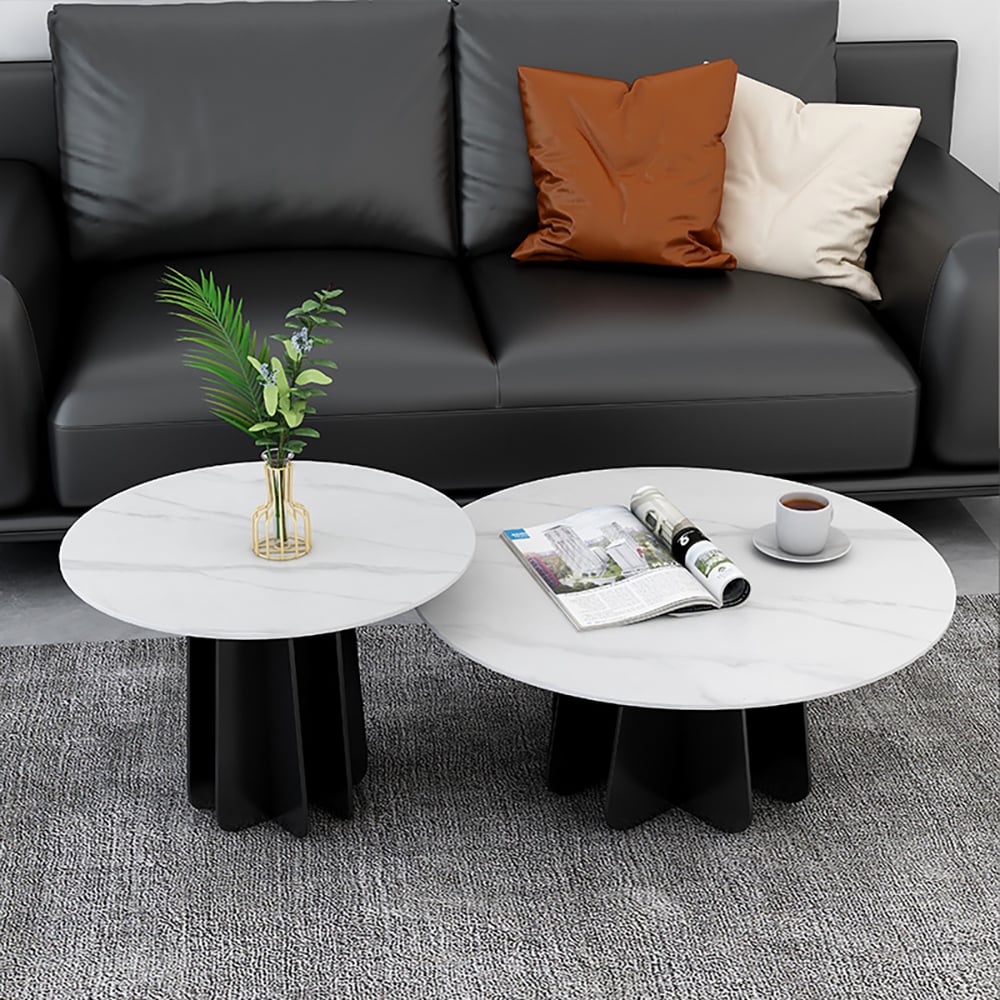 Modern & Contemporary Round Coffee Table White Sintered Stone Top & Black Steel Trestle window image