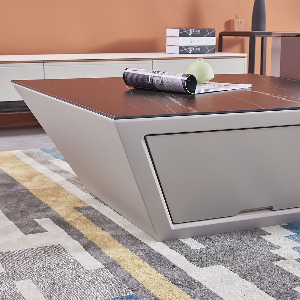 Modern Square Coffee Table with Storage Sintered Stone Top & Wood Base in Black & White window image