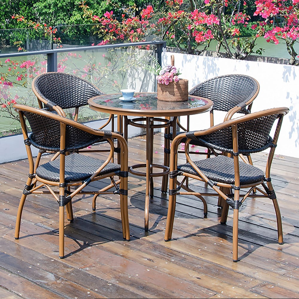 5-Pieces Rattan Patio Dining Set with Glass-top Trestle Table and 4 Rattan Armchair window image