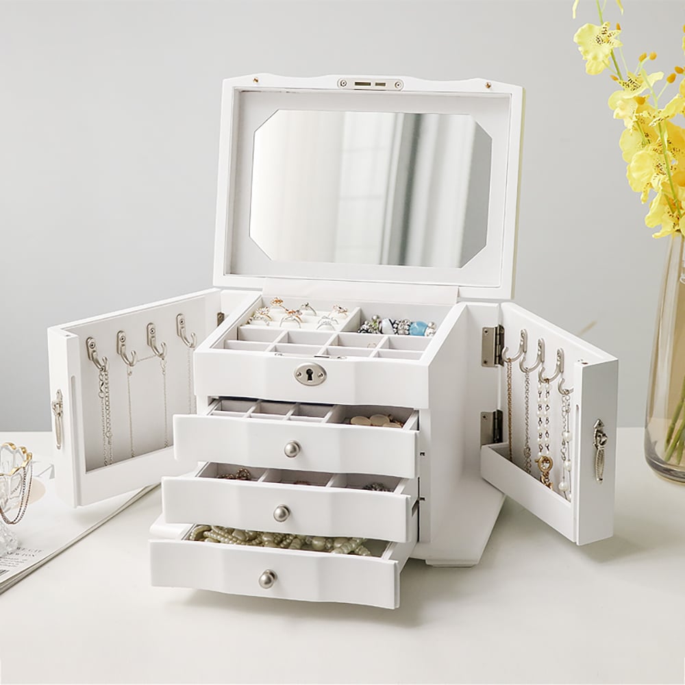 4-Tier Lockable Jewelry Box Storage Case with Drawers & Mirror window image
