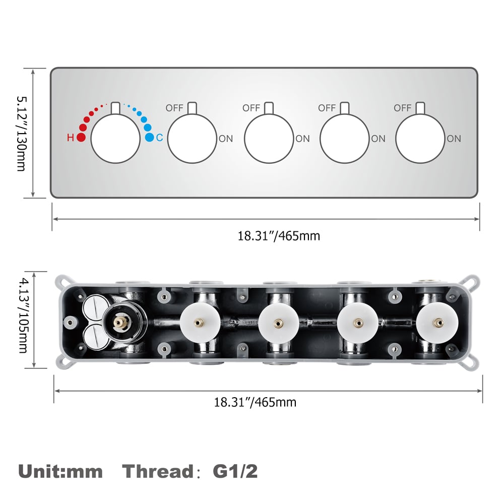 Wall-Mounted 23" Shower System in Polished Chrome Rainfall 4 Functions Thermostatic