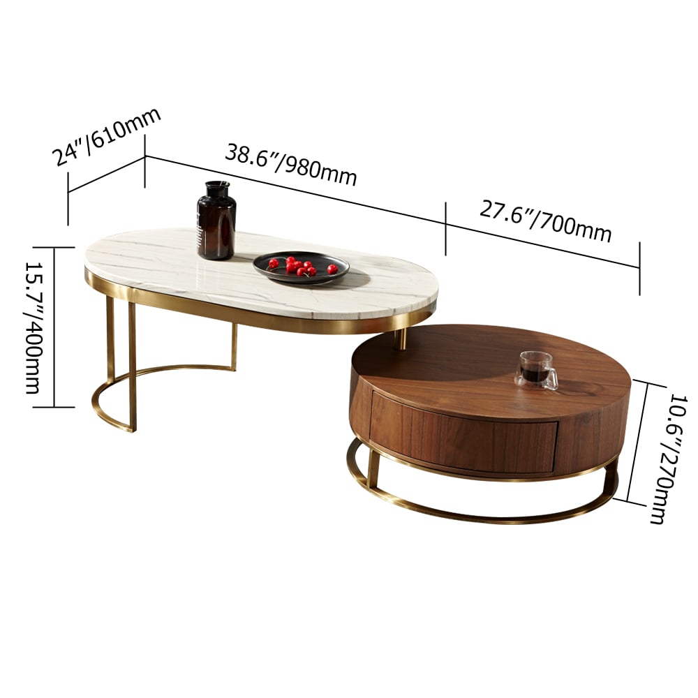 Moden Oval & Round Nesting Coffee Table Storage Marble/Wood Top & Stainless Steel Base window image