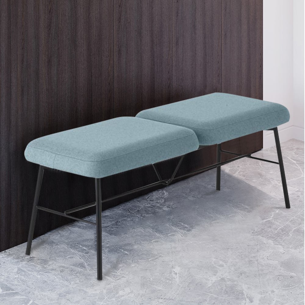 Simple Modern Blue Linen Upholstered Entryway Bench Ottoman with Metal Legs window image