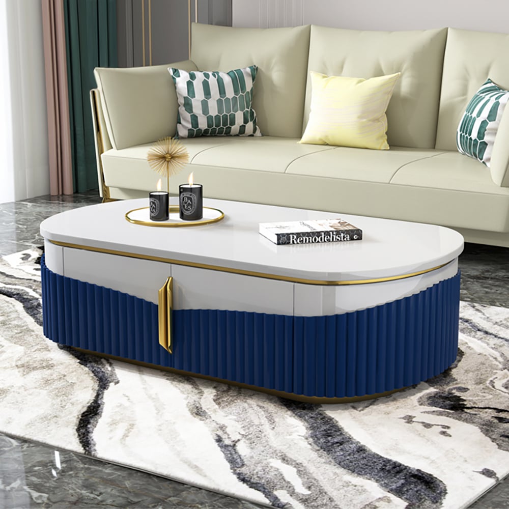Modern Coffee Table with Storage Marble Top & Wood Doors window image