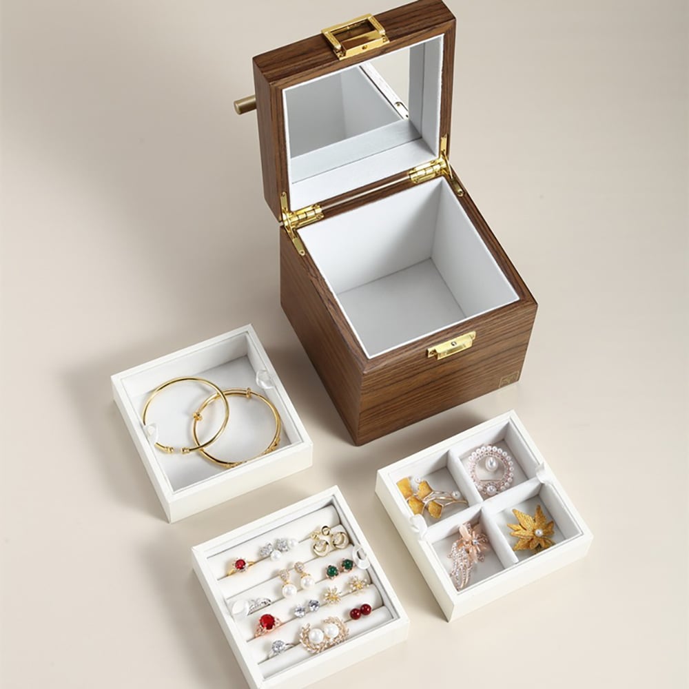 3-Tier Square Jewelry Box Lockable Jewelry Case with Handle&Mirror window image