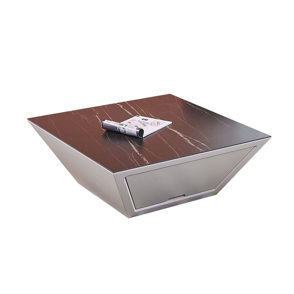 Modern Square Coffee Table with Storage Sintered Stone Top & Wood Base in Black & White window image