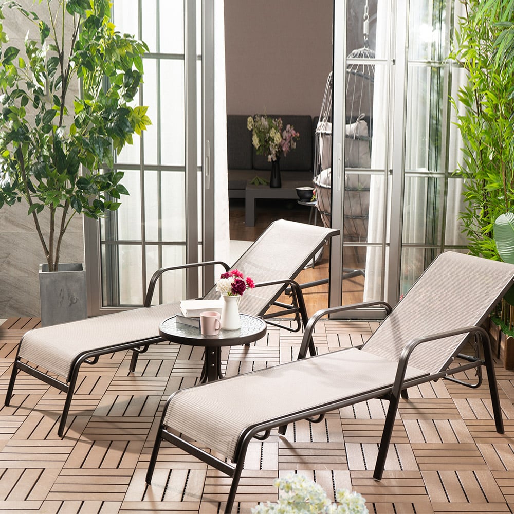 3-Pieces Outdoor Chaise Lounge Set with 2 Reclining Chair and Round Side Table window image